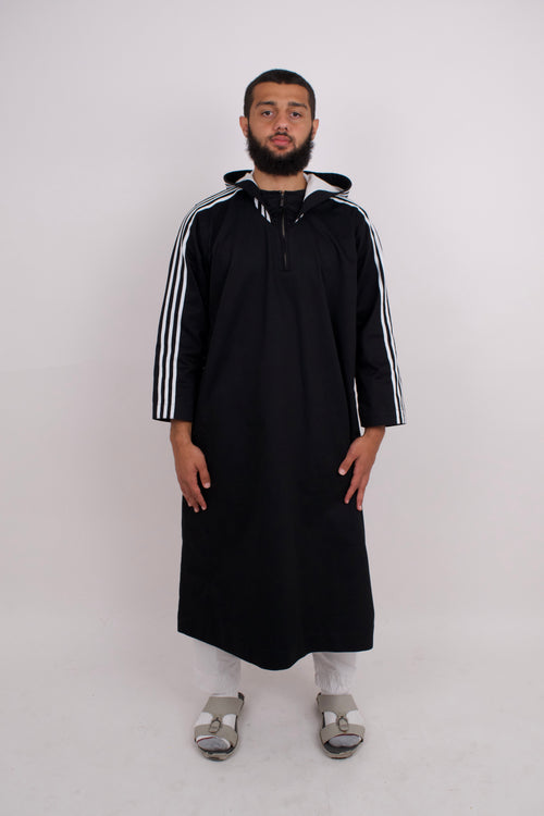 Thobe with White Striped Sleeves - Black