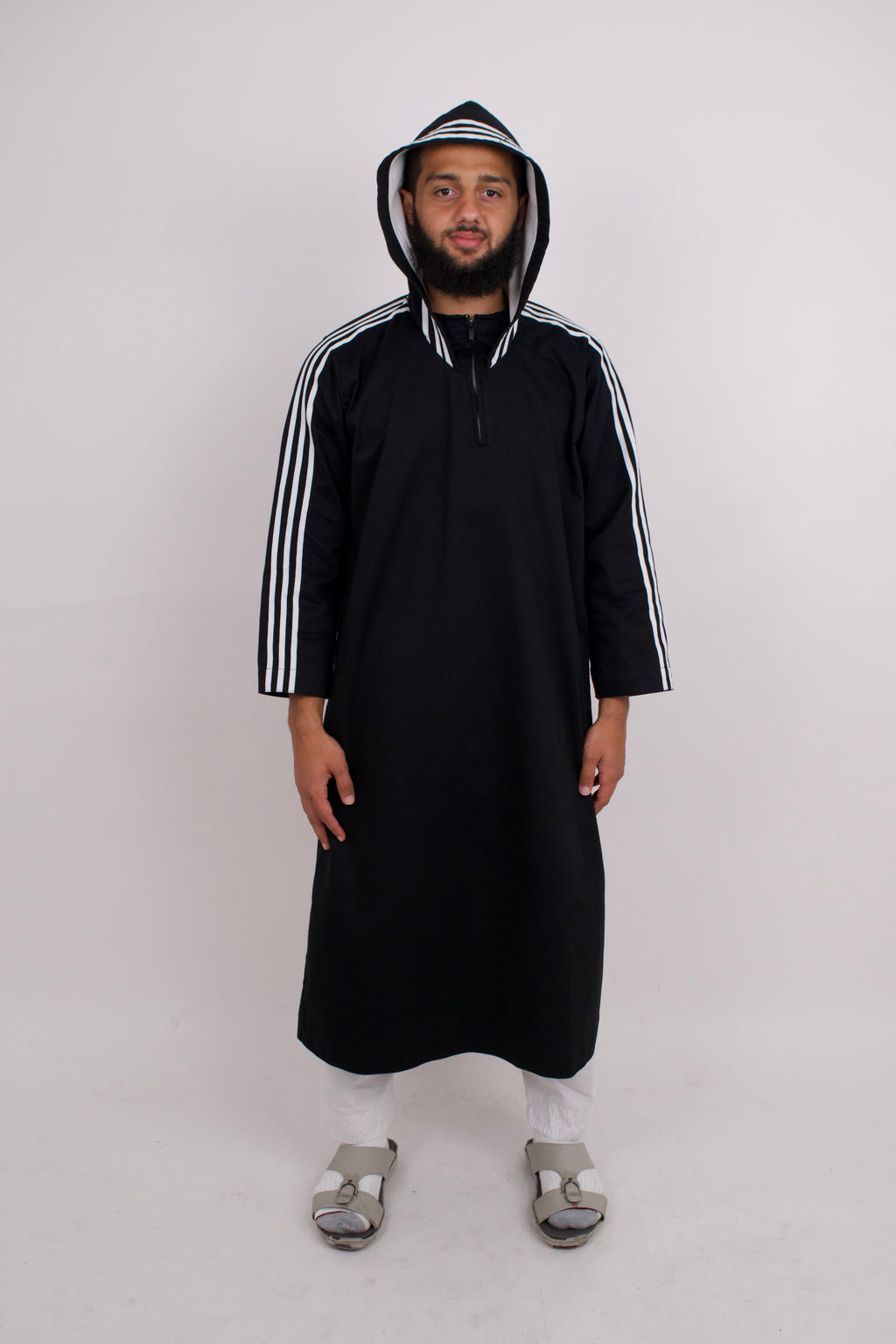 Thobe with White Striped Sleeves - Black