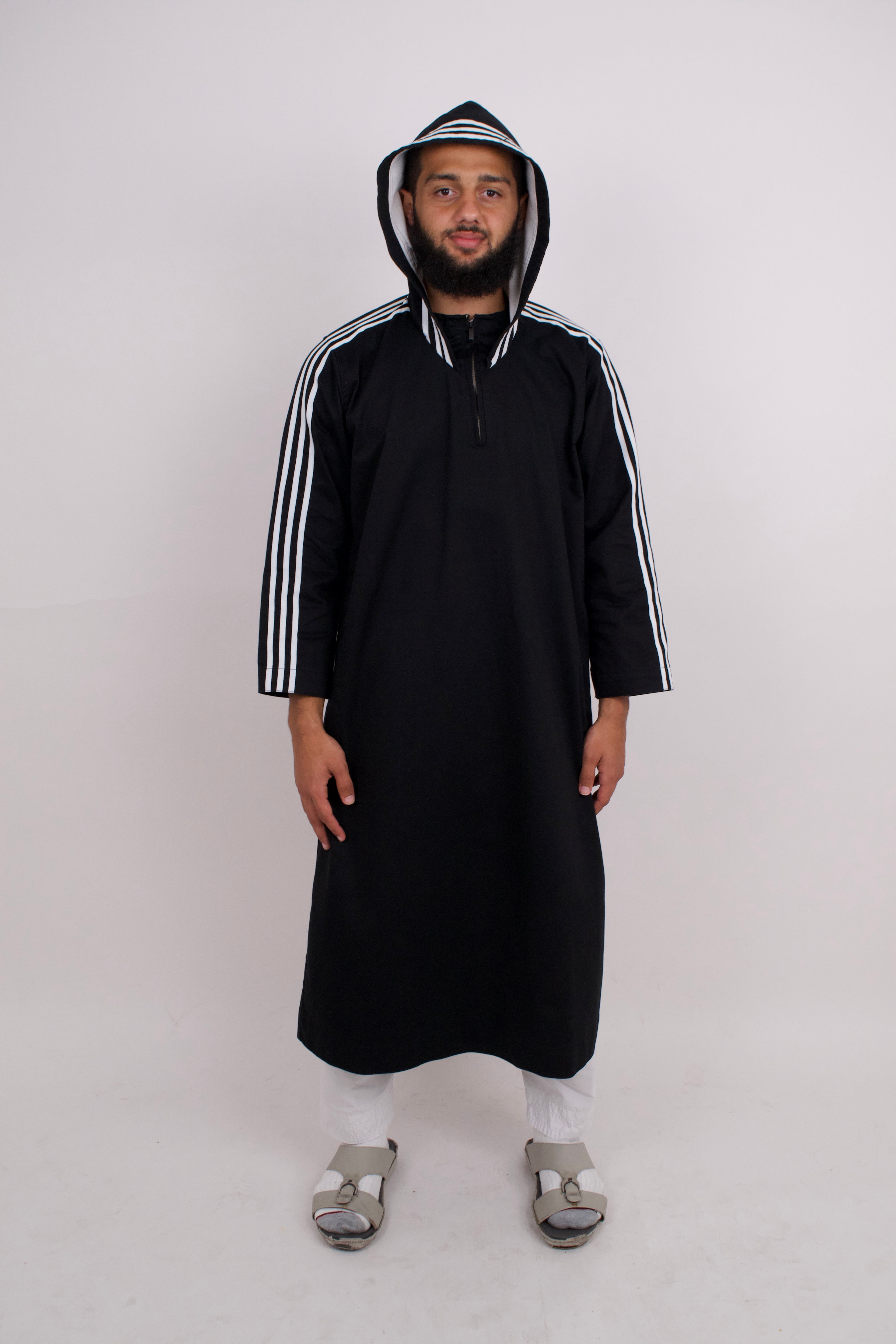 Thobe with White Striped Sleeves - Black