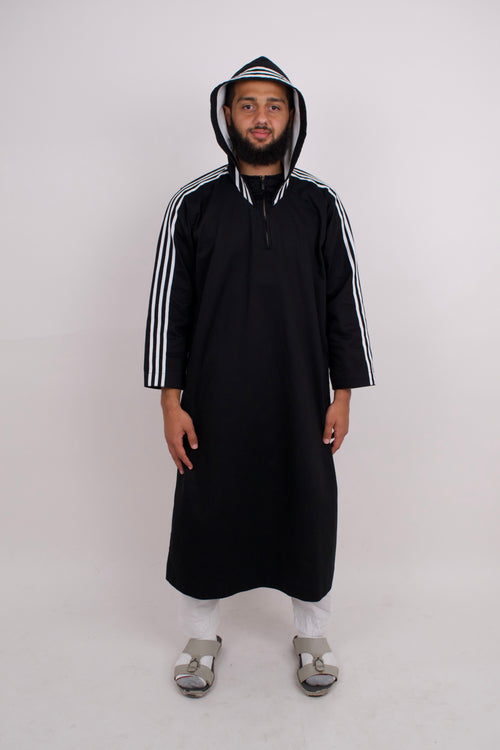 Thobe with White Striped Sleeves - Black